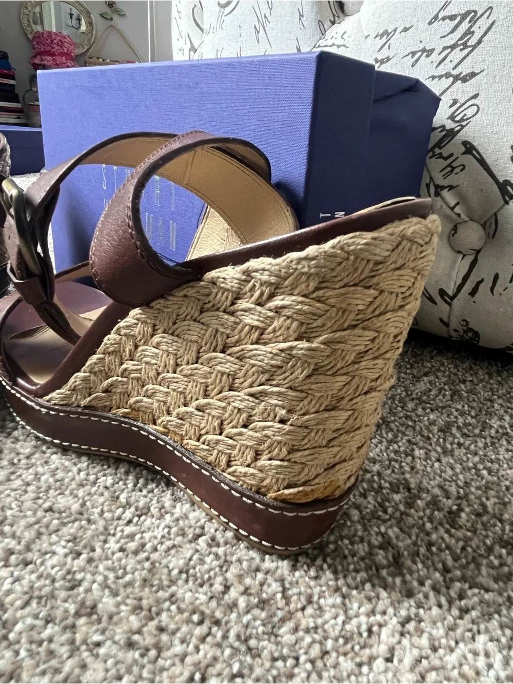 Stuart Weitzman Cognac Brown Leather Espadrille Wedge Sandals. Size 11 - Picture 11 of 16